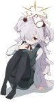  1girl absurdres black_eyes black_pantyhose blue_archive brown_eyes brown_halo brown_ribbon closed_mouth collared_shirt diagonal-striped_ribbon disembodied_hand dress eyeball_hair_ornament full_body grey_hair hair_over_one_eye halo headpat highres kanoe_(blue_archive) knee_up light_blush long_hair looking_at_viewer mi_kan_(1101515378) motion_lines multicolored_eyes neck_ribbon no_shoes panties panties_under_pantyhose pantyhose pinafore_dress ribbon shirt simple_background sleeveless sleeveless_dress smile solo_focus thighband_pantyhose toes two-tone_eyes two_side_up underwear white_background white_shirt 