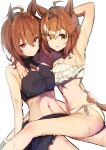  2girls absurdres agnes_tachyon_(umamusume) ahoge alternate_costume animal_ears armpits bikini black_bikini breasts brown_eyes brown_hair closed_mouth frilled_bikini frills gorioshi0802 hair_between_eyes highres horse_ears horse_tail jungle_pocket_(umamusume) looking_at_viewer medium_breasts medium_hair multiple_girls navel red_eyes short_hair simple_background smile swimsuit tail umamusume white_background white_bikini 