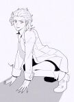  1boy arched_back arm_support breasts collared_shirt commentary_request cross-laced_clothes fingernails hair_slicked_back highres looking_at_viewer male_focus medium_breasts michael_roa_valdamjong monochrome open_clothes open_shirt pants red_eyes sharp_fingernails shirt shoes smile smirk solo squatting tsukihime tsukihime_(remake) turning_head vampire yukinari_kakuri 