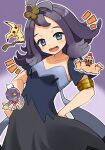  1girl :d acerola_(pokemon) armlet blue_eyes blush breasts chibi chibi_inset commentary_request dress drifblim hair_ornament hairclip jewelry looking_at_viewer medium_hair mimikyu nanami31124 open_mouth outline palossand pokemon pokemon_(creature) pokemon_sun_and_moon purple_background purple_hair short_sleeves small_breasts smile solo white_outline 