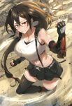  1girl bare_shoulders black_hair black_skirt black_thighhighs blush breasts closed_mouth collarbone commentary_request crop_top earrings elbow_pads final_fantasy final_fantasy_vii final_fantasy_vii_remake fingerless_gloves gloves highres jewelry large_breasts long_hair low-tied_long_hair midriff nasubin_(nasubisamurai15) navel outdoors red_eyes skirt smile solo suspender_skirt suspenders tank_top thighhighs thighs tifa_lockhart white_tank_top 