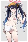  1girl apron ass_visible_through_thighs bar_censor big_belly black_hair black_nails blue_archive blue_hair border breasts censored collarbone commentary_request fuuka_(blue_archive) goat_horns grey_background halo holding holding_ladle horns ladle large_areolae looking_at_viewer mitsuame_miiro naked_apron navel nipples pink_halo pregnant pussy small_breasts solo sweat t_t twintails white_border 