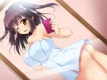  1girl aomi_riru black_hair blush breasts cellphone collarbone covered_nipples cowboy_shot dutch_angle from_side game_asset hair_between_eyes hair_ribbon hand_on_own_chest holding holding_phone kogure_miori large_breasts long_hair looking_at_viewer mirror mirror_selfie naked_towel non-web_source official_art one_eye_closed open_mouth phone reflection reflection_focus ribbon self-datamine selfie sidelocks smartphone smile solo standing sweat taking_picture towel two_side_up visual_novel_cg white_ribbon yellow_eyes yumemi_ga_cheek! 