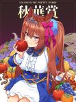  1girl animal_ears apple blue_jacket blush bow breasts brown_hair center_frills closed_mouth commentary_request daiwa_scarlet_(peak_blue)_(umamusume) daiwa_scarlet_(umamusume) epaulettes flower food frills fruit grapes hair_intakes highres holding holding_food holding_fruit horse_ears horse_girl horse_tail jacket kishiro_azuhito large_breasts long_hair long_sleeves looking_at_viewer pear red_eyes shirt smile solo tail tiara twintails umamusume very_long_hair wheat white_shirt 
