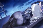  1girl absurdres ass black_pantyhose black_serafuku black_skirt blue_archive clothes_lift cloud commentary facing_away feet halo heart heart_halo highres iv_(iv70311741) long_hair lying on_side panties panties_under_pantyhose pantyhose plana_(blue_archive) pleated_skirt school_uniform serafuku skirt skirt_lift sky star_(sky) starry_sky table underwear white_hair white_panties 