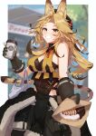 1girl animal_ear_fluff animal_ears arknights bare_shoulders beret black_gloves black_hat blonde_hair border braid braided_bangs breasts brown_leotard cat_ears cat_girl cat_tail cleavage clothes_around_waist commentary_request covered_navel cup disposable_cup extra_ears food gloves grin halterneck hat highleg highleg_leotard holding holding_cup holding_food jacket jacket_around_waist large_breasts leotard long_hair looking_at_viewer nagi_(nagisanote) outdoors pants parted_bangs pastry quercus_(arknights) sideboob smile solo standing tail vending_cart white_border yellow_eyes 