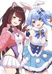  2girls :d animal_ear_fluff animal_ears black_gloves blue_bow blue_gloves blue_hair blue_skirt blush bow braid breasts brown_eyes brown_hair center_frills cleavage cleavage_cutout clothing_cutout commentary_request cropped_jacket don-chan_(usada_pekora) ear_bow frills fur-trimmed_gloves fur-trimmed_skirt fur_trim gloves hair_bow hand_up hands_up heart highres hololive hololive_dreams jacket kiritoma leotard long_hair long_sleeves medium_breasts multicolored_hair multiple_girls open_clothes open_jacket pink_jacket puffy_long_sleeves puffy_sleeves rabbit-shaped_pupils rabbit_ears red_eyes roboco-san shirt showgirl_skirt simple_background skirt sleeveless sleeveless_shirt smile striped_bow symbol-shaped_pupils teeth twin_braids twintails two-tone_hair upper_teeth_only usada_pekora very_long_hair virtual_youtuber white_background white_bow white_hair white_leotard white_shirt white_skirt 