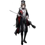  1boy animal_ears antoly_(arknights) arknights artist_request bear_boy bear_ears black_boots black_coat black_hat black_jacket black_pants boots brown_hair coat coat_on_shoulders full_body fur-trimmed_coat fur_trim hair_over_one_eye hand_on_blade hat high_collar highres holding holding_sword holding_weapon jacket material_growth military_uniform official_art oripathy_lesion_(arknights) pants parted_bangs short_hair smile solo sword tachi-e third-party_source transparent_background weapon 