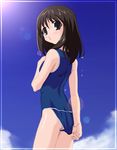  adjusting_clothes adjusting_swimsuit azumanga_daiou brown_eyes brown_hair cloud day from_below kasuga_ayumu long_hair looking_back non-web_source one-piece_swimsuit sky solo swimsuit 