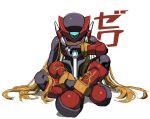  1boy android armor blonde_hair character_name full_body helmet highres long_hair looking_at_viewer male_focus mega_man_(series) mega_man_zero_(series) noro_zt red_armor red_helmet simple_background sitting solo very_long_hair white_background z_saber zero(z)_(mega_man) zero_(mega_man) 