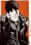  03_kyv 1boy black_jacket black_shirt closed_mouth commentary greyscale_with_colored_background hair_between_eyes headphones headphones_around_neck highres jacket jewelry lighter_(zenless_zone_zero) looking_at_viewer male_focus necklace orange_background shirt short_hair shoulder_spikes simple_background solo spiked_jacket spikes sunglasses untranslatable_commentary upper_body zenless_zone_zero 