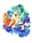  1boy bead_necklace beads bishoujo_senshi_sailor_moon bishoujo_senshi_sailor_moon_supers blue_hair brown_ribbon character_name commentary_request cropped_torso earrings finger_to_mouth fish_earrings fish_eye_(sailor_moon) from_side green_eyes hair_beads hair_ornament high_ponytail jewelry long_hair looking_at_viewer male_focus multicolored_hair necklace nude parted_bangs ponytail ribbon sae_1227 smile solo star_(symbol) star_symbol_background trap turning_head white_background 