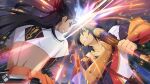  2boys armor artist_request black_gloves black_hair brothers clash collarbone game_asset gloves hair_between_eyes hair_over_one_eye holding holding_sword holding_weapon japanese_clothes long_hair looking_at_another male_focus multiple_boys official_art orange_eyes outdoors purple_armor rokurou_rangetsu scar scar_on_chin scar_on_face shigure_rangetsu siblings smile sword sword_clash tales_of_(series) tales_of_berseria tales_of_the_rays teeth third-party_source two-handed_sword upper_body weapon 