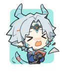  >_< 1boy afterimage black_pants blue_background blue_horns blue_scales blue_tunic blue_vest blush book border braid chibi chinese_commentary circlet collared_shirt commentary_request cropped_legs dragon_boy dragon_horns dragon_tail ear_piercing gold_piercing grey_hair high_collar holding holding_book horns infinity_nikki male_focus meghill_(infinity_nikki) motion_lines nikki_(series) open_mouth outside_border pants parksolian_(infinity_nikki) parted_bangs piercing pointy_ears red_ribbon ribbon shirt short_hair_with_long_locks side_braid single_braid surprised tail tail_ornament tail_ribbon tail_wagging tsuki0219 tunic vest white_border white_shirt 