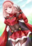 1girl :d armor black_bodystocking black_gloves blush bodystocking braid breasts cape commentary_request covered_navel fire_emblem fire_emblem_engage gloves hair_ribbon hairband hand_up highres kirishima_riona lapis_(fire_emblem) looking_at_viewer medium_breasts medium_hair multicolored_hairband open_mouth outdoors pink_eyes pink_hair red_armor red_cape red_eyes red_hairband ribbon side_braid smile solo thighhighs thighs two-tone_hairband waving white_ribbon white_thighhighs 