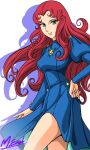  1970s_(style) 1girl absurdres blue_dress brooch commentary dress drop_shadow green_eyes hana_no_ko_lunlun highres jewelry juliet_sleeves long_hair long_sleeves looking_at_viewer masaaki_endo parted_bangs puffy_sleeves red_hair retro_artstyle sidelocks signature smile solo togenishia white_background 