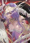  1girl animal_skeleton black_bonnet black_hands bonnet braid breasts collar colored_extremities fadingz fate/grand_order fate_(series) gloves headpiece highres large_breasts long_hair looking_at_viewer mask metal_collar multiple_braids navel purple_hair red_eyes skeletal_clothes skull_mask smile solo urd_(fate) very_long_hair 