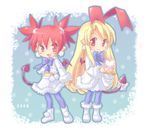  bat_wings blonde_hair bow demon_girl disgaea earrings etna flonne flonne_(fallen_angel) heart jewelry karina long_hair makai_senki_disgaea makai_senki_disgaea_2 makai_senki_disgaea_3 multiple_girls nippon_ichi pantyhose pointy_ears red_eyes red_hair ribbon skirt tail tail_bow wings 