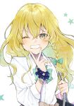  1girl alternate_costume artist_name bag blonde_hair blue_bag blush bow bowtie bracelet braid brown_sweater clothes_around_waist collared_shirt commentary_request contemporary green_bow green_bowtie grin hair_between_eyes hair_bow highres jewelry kirisame_marisa long_hair looking_at_viewer loose_bowtie minatsuki_yurara missing_headwear one_eye_closed school_bag school_uniform scrunchie shirt side_braid simple_background single_braid smile solo star_(symbol) sweater sweater_around_waist touhou upper_body white_background white_shirt wrist_scrunchie yellow_eyes yellow_nails 