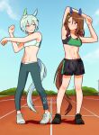  2girls animal_ears aqua_hair armpits arms_up black_shirt black_shoes blue_eyes blue_sky breasts brown_eyes brown_hair cleavage closed_mouth commentary commission cross-body_stretch day ear_covers english_commentary full_body green_pants green_sports_bra hair_between_eyes highres horse_ears horse_girl horse_tail king_halo_(umamusume) long_hair multiple_girls no_socks outdoors pants running_track seiun_sky_(umamusume) shirt shoes short_hair single_ear_cover sky small_breasts smile sneakers sports_bra standing stomach stretching tail tirasumiii umamusume vgen_commission white_shoes white_sports_bra 