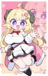  1girl :d absurdres ahoge animal_ears black_boots black_skirt blonde_hair blush boots border bow bowtie breasts brooch cape commentary deformed detached_sleeves dress full_body fur-trimmed_boots fur-trimmed_cape fur-trimmed_dress fur_trim heart highres hololive horns jewelry kani_bonara large_breasts long_hair long_sleeves looking_at_viewer pink_background pink_cape pixel_heart polka_dot polka_dot_background pouch purple_eyes red_bow red_bowtie sheep_ears sheep_girl sheep_horns skirt sleeveless sleeveless_dress smile solo tsunomaki_watame tsunomaki_watame_(1st_costume) untranslatable_commentary very_long_hair virtual_youtuber white_border white_dress zoom_layer 