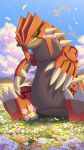  absurdres blue_sky cherrim cherrim_(sunshine) closed_eyes cloud colored_sclera commentary_request falling_petals flower groudon highres looking_at_another looking_down nature no_humans outdoors petals pokemer pokemon pokemon_(creature) pokemon_focus sharp_teeth signature sitting sky sleeping smile teeth twitter_username yellow_sclera 