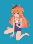  1girl :3 :p animal_ears aqua_background black_bow bow breasts clothes_pull commentary_request dot_nose ear_bow from_above hand_on_floor highres horse_ears horse_girl light_blush looking_at_viewer mayano_top_gun_(umamusume) orange_hair presenting_tanlines pulling_own_clothes sayachan_1210 school_swimsuit school_uniform short_twintails sitting small_breasts solo swimsuit tan tanlines tongue tongue_out tracen_school_uniform twintails umamusume wariza yellow_eyes 