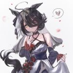  1girl ahoge animal_ears bare_shoulders black_flower black_hair black_rose blush breasts choker closed_mouth collarbone commentary_request detached_sleeves dress ear_ornament ear_ribbon flower flower_in_clothes frilled_cuffs frilled_veil grey_veil hair_between_eyes heart highres horse_ears horse_girl kk_(pixiv_83235599) lace-trimmed_choker lace_trim long_hair_between_eyes looking_at_viewer manhattan_cafe_(mysterious_rose)_(umamusume) manhattan_cafe_(umamusume) multicolored_hair ribbon rose short_hair small_breasts solo spoken_heart umamusume veil waist_ribbon white_dress white_ribbon yellow_eyes 