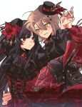  2girls artist_request ascot black_ascot black_hair black_suit blonde_hair closed_mouth commentary_request commission cross-laced_clothes cross-laced_dress curtained_hair diamond_hair_ornament dress flower frilled_dress frills gothic_lolita hair_flower hair_ornament hasumi_leia hat hat_flower hat_ornament highres holding_hands karaoke_manekineko lolita_fashion long_hair long_sleeves looking_at_another mahou_shoujo_no_majo_saiban mini_hat mini_top_hat multiple_girls nikaido_hiro official_alternate_costume parted_bangs puffy_sleeves red_dress red_eyes second-party_source short_hair simple_background smile suit top_hat white_background yellow_eyes yuri 