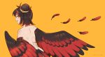  1girl absurdres back back_tattoo bird_tail black_feathers black_hair colored_sclera commentary commission english_commentary feathered_wings feathers hair_bun harpy highres looking_at_viewer monster_girl multicolored_hair nude open_mouth original red_eyes red_feathers short_hair simple_background single_hair_bun solo streaked_hair tail tattoo teeth twitter_username two-tone_wings unreal_fish upper_teeth_only winged_arms wings yellow_background yellow_sclera 