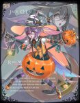  1boy antennae awii cape eyepatch full_body halloween halloween_costume hat head_wings holding holding_scepter insect_wings jack-o'-lantern looking_at_viewer low_wings male_focus multiple_wings orange_eyes orange_vest original pumpkin_costume purple_hair scepter short_hair solo striped_clothes striped_thighhighs suspenders thighhighs vest wings witch_hat zoom_layer 