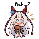  1girl animal_ears blue_eyes blue_jacket commentary ear_covers hairband headband highres horse_ears horse_girl jacket long_hair looking_at_viewer manhattan_cafe_holding_a_fish_(meme) meme multicolored_hairband octopus pandamonium_(pandamon00) squid tamamo_cross_(fast_as_lightning)_(umamusume) tamamo_cross_(umamusume) two-tone_hairband umamusume untranslatable_commentary white_hair 