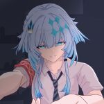  2girls armband blue_eyes blue_hair cerydra_(honkai:_star_rail) chrysos_heirs_school_uniform collared_shirt commentary dashikonwritter diamond-shaped_pupils diamond_(shape) english_commentary female_pov hair_ornament highres honkai:_star_rail honkai_(series) hysilens_(honkai:_star_rail) looking_at_viewer multiple_girls official_alternate_costume parted_lips pov reaching reaching_towards_viewer red_armband school_uniform shirt short_sleeves signature smile solo_focus symbol-shaped_pupils upper_body white_shirt yuri 
