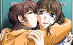  blue_eyes blush brown_hair closed_eyes earrings game_cg hana_no_kioku_4 hug jewelry kiss locker long_hair multiple_girls red_hair short_hair skyhouse sweat yuri 