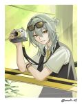  1girl against_railing arm_rest black_skirt black_vest camera collared_shirt commentary_request cowboy_shot elbow_rest eyewear_on_head grey_hair grin hand_up highres holding holding_camera honkai:_star_rail honkai_(series) lanyard long_hair looking_at_viewer o2_(nao2_09) official_alternate_costume railing shirt short_sleeves skirt smile solo stelle_(chimerric_park)_(honkai:_star_rail) stelle_(honkai:_star_rail) sunglasses tinted_eyewear trailblazer_(honkai:_star_rail) twitter_username vest watch white_shirt wristwatch yellow-tinted_eyewear yellow_eyes 