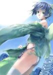  1girl ass bare_shoulders black_hair blue_sky building cityscape commentary_request dodonpachi_saidaioujou donpachi_(series) from_side full_moon green_eyes green_kimono green_ribbon green_sash hair_bun hair_ribbon hikari_(saidaioujou) hip_tattoo japanese_clothes kimono light_frown long_sleeves looking_down looking_to_the_side moon nakajimayou obi obidome obijime panties ribbon sash short_hair sideways_glance sky skyscraper solo tattoo thighhighs thighs underwear white_panties white_thighhighs 