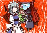  apron blue_dress braid dress flandre_scarlet hong_meiling izayoi_sakuya kasuteru looking_at_viewer multiple_girls patchouli_knowledge puffy_short_sleeves puffy_sleeves remilia_scarlet short_hair short_sleeves silver_hair sketch standing touhou twin_braids twintails waist_apron window 