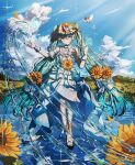  1girl aqua_eyes aqua_hair aqua_nails aqua_trim bare_shoulders blue_sky boots bow cloud cloudy_sky commentary_request day dress dress_flower field fingerless_gloves fingernails flower flower_field full_body gloves hair_between_eyes hair_flower hair_ornament hand_up hat hat_bow hat_flower hatsune_miku headset highres lake layered_dress long_hair looking_at_viewer magical_mirai_(vocaloid) magical_mirai_miku magical_mirai_miku_(2026) masii1120 nail_polish open_mouth orange_flower outdoors ripples sky smile solo standing standing_on_one_leg straw_hat sun sunflower toenail_polish toenails twintails very_long_hair vocaloid water_butterfly water_drop white_boots white_bow white_dress white_gloves yellow_flower 