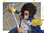  1boy afro aged_down ascot black_hair blue_coat border brook_(one_piece) clenched_teeth coat commentary epaulettes highres holding holding_sword holding_weapon looking_at_viewer male_focus musical_note one_piece round_eyewear smile smokee_q solo sunglasses sword teeth twitter_username weapon white_ascot white_border 
