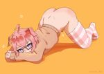  1boy absurdres ahoge ass ass_blush black-framed_eyewear black_nails blush borrowed_character bottomless brown_sweater character_request commentary english_commentary foreskin glasses hair_flaps highres looking_at_viewer male_focus multicolored_eyes naked_sweater orange_background original penis phimosis pink_eyes pink_hair pink_thighhighs purple_eyes rectangular_eyewear sleeves_past_wrists solo sparkle star-shaped_pupils star_(symbol) striped_clothes striped_thighhighs sweater symbol-shaped_pupils thighhighs top-down_bottom-up trap twitter_username two-tone_eyes uncensored unreal_fish white_thighhighs 
