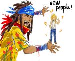  2boys bandana brown_hair chinese_commentary closed_eyes commentary_request dark-skinned_male dark_skin dreadlocks english_text facing_viewer headband highres long_hair male_focus mrsheep73944948 multiple_boys original red_bandana shirt simple_background v white_background yellow_shirt 