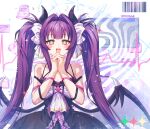  +_+ 1girl barcode black_dress blush_stickers bow c_bako collarbone commentary_request demon_girl demon_horns demon_wings dress fangs frilled_dress frills glitch hair_bow hair_intakes highres horns long_hair looking_at_viewer multicolored_eyes open_mouth own_hands_together purple_hair purple_trim smile solo sparkle straight-on twintails upper_body very_long_hair white_bow wings yunyun_(yunyun_denpa_syndrome) yunyun_denpa_syndrome 