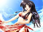  ariga_mikoto bikini black_hair day game_cg hair_ribbon long_hair natsuiro_komachi print_sarong red_bikini red_eyes red_sarong ribbon sarong sky smile solo splashing swimsuit water yuuki_makoto_(radiant) 