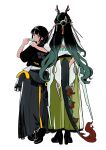  2girls absurdres alternate_costume arknights arknights:_endfield arm_around_shoulder black_boots black_coat black_hair black_shirt black_shoes blue_eyes boots coat coat_around_waist dragon_girl dragon_horns dragon_tail eastern_dragon_horns eastern_dragon_tail eating endministrator_(arknights) female_endministrator_(arknights) food food_in_mouth from_behind full_body green_pants highres holding holding_food holding_popsicle hood hooded_coat horns keiya long_hair looking_back multiple_girls pants popsicle popsicle_in_mouth shirt shoes short_hair simple_background tail tail_through_clothes unworn_coat white_background white_shirt zhuang_fangyi_(arknights) 