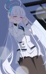  1girl absurdres black_pantyhose blue_archive blue_necktie commentary_request crying crying_with_eyes_open halo headgear highres id_card long_hair looking_at_viewer mechanical_halo necktie noa_(blue_archive) pantyhose purple_eyes sikimosh skirt solo suit tearing_up tears white_hair white_halo white_skirt white_suit 
