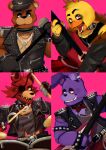  1girl 3boys animal_ears armlet artissijam bass_guitar beak bear_boy bear_ears black_hat black_jacket black_vest bonnie_(fnaf) bracelet chica chicken_girl cigar commentary cymbals drum drum_set drumsticks earrings english_commentary eyebrow_piercing eyelashes eyeliner eyepatch face_piercing fangs feathers fingerless_gloves five_nights_at_freddy's fox_boy fox_ears foxy_(fnaf) freddy_fazbear furry furry_male gloves grey_shirt grin guitar hat highres holding holding_bass_guitar holding_drumsticks holding_guitar holding_instrument holding_microphone holding_microphone_stand instrument jacket jewelry leather leather_jacket leather_vest looking_at_viewer looking_to_the_side makeup male_focus microphone microphone_stand multiple_boys multiple_rings open_mouth piercing pink_background plaid_clothes plaid_skirt purple_fur rabbit_boy rabbit_ears red_fur red_skirt ring shirt shoulder_spikes skirt smile snare spiked_armlet spiked_bracelet spikes torn_clothes vest yellow_feathers 