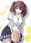  1girl adjusting_footwear breasts brown_hair cleavage collared_shirt commentary_request cowboy_shot drop_shadow grey_skirt highres k-yous large_breasts leg_up looking_at_viewer medium_hair miniskirt mole mole_under_eye natsuki_karin open_mouth partially_unbuttoned pink_eyes pleated_skirt school_uniform shirt short_sleeves skirt solo star_(symbol) synthesizer_v twintails white_background white_shirt 