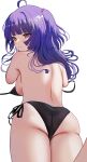  1girl absurdres agedashi_doufu_mk23 ahoge ass ass_focus bare_arms bare_back bare_legs bare_shoulders bikini black_bikini breasts commentary hair_ornament highres large_breasts long_hair looking_back lying on_stomach original purple_eyes purple_hair side-tie_bikini_bottom side_ponytail sideboob simple_background smile solo swimsuit untied_bikini_top untranslatable_commentary white_background 