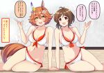  +_+ 2girls animal_ears bare_shoulders bikini blush breasts brown_eyes brown_hair cinderella_girls_gekijou cleavage clover_hair_ornament collarbone commentary_request daruma_doll doll_hair_ornament domyoji_karin ear_covers flipped_hair four-leaf_clover_hair_ornament hair_between_eyes hair_ornament highres horse_ears horse_girl horse_tail idolmaster idolmaster_cinderella_girls large_breasts lying matikanefukukitaru_(umamusume) medium_breasts multiple_girls navel nikukai nitta_hiyori nontraditional_miko on_side open_mouth orange_hair red_eyes short_hair single_ear_cover smile stomach swimsuit tail translation_request umamusume voice_actor_connection white_bikini 
