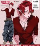  1boy :o adjusting_necklace aegyo_sal animal_print artist_name baggy_pants belt boots brown_belt collarbone color_guide colored_shadow commission cowboy_shot cross cross_necklace drop_shadow earrings english_commentary fang fang_out fashion four-pointed_star full_body fur_boots glint hair_over_one_eye hand_in_pocket hands_in_pockets henley_shirt highres jewelry large_belt leopard_print looking_at_viewer looking_to_the_side male_focus midriff_peek multiple_views necklace nose open_collar open_mouth original outline pants pectorals pink_background polka_dot polka_dot_background print_pants red_eyes red_hair red_shirt shadow shirt short_hair side_part silver_necklace sleeves_pushed_up smile spiked_ear_piercing station_necklace streetwear stud_earrings teeth thank_you tongue tsumoi_(infinity) ugg_boots veins veiny_arms waving white_outline 